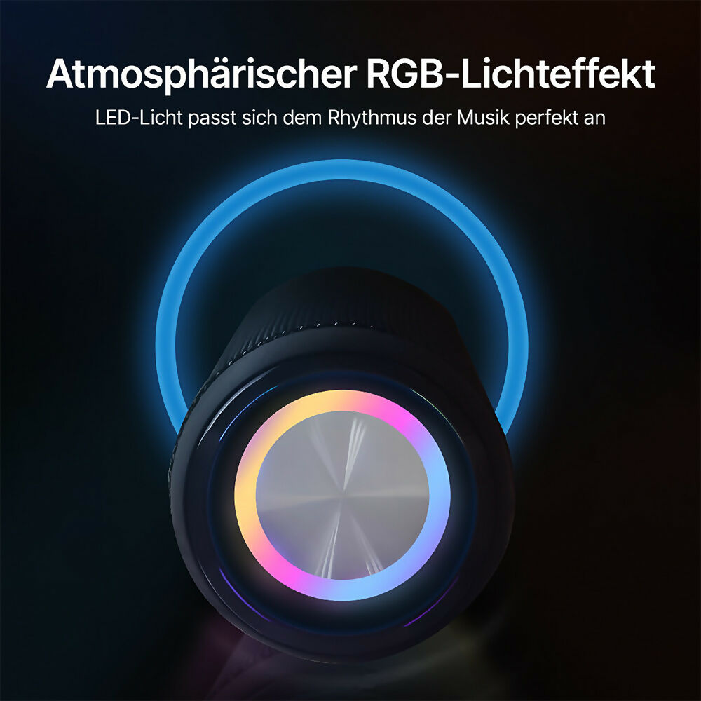 Kraftvoller Bluetooth Lautsprecher mit HD-Sound / LED Lichtern / IPX6 wasserdicht / Bluetooth 5.1 & Multipairing-Funktion / 20 W Dual-Lautsprecher-Subwoofer