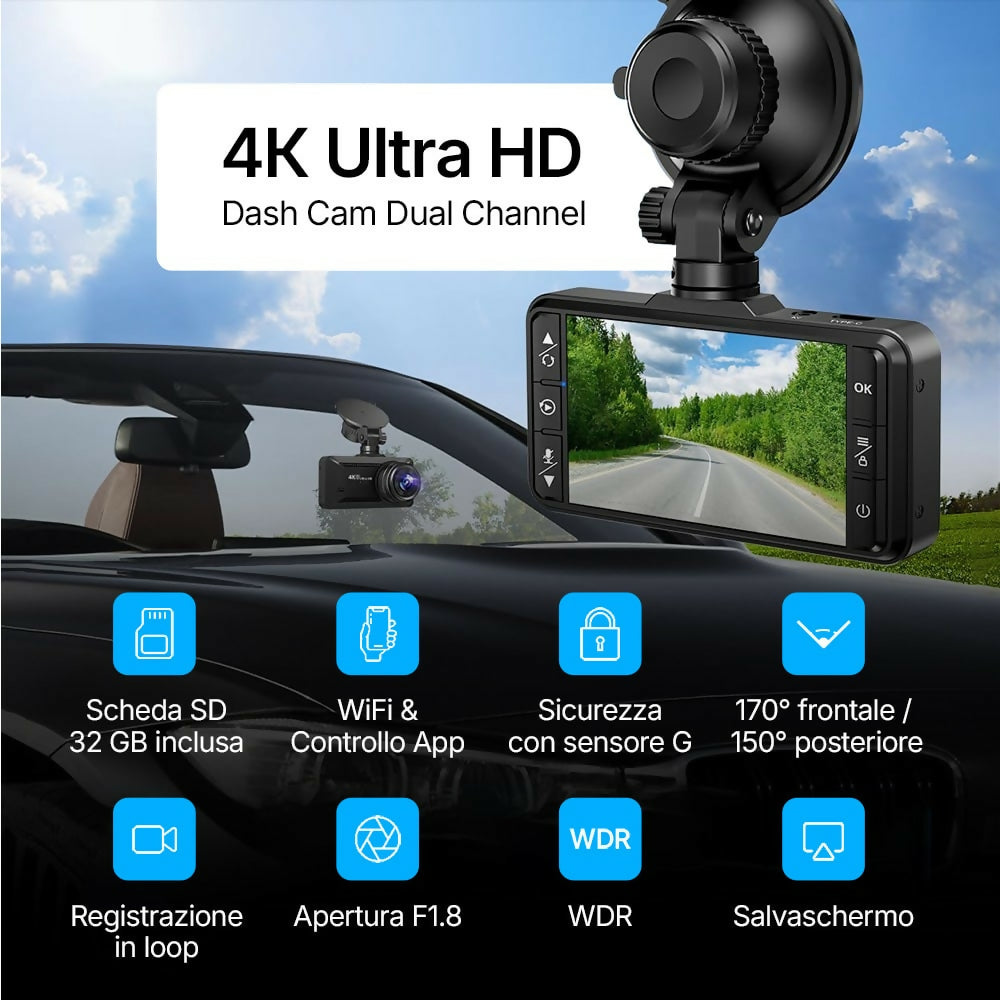 Dash Cam 4K Pro con schermo da 3,94" / Anteriore & posteriore / Videocamera auto con grandangolo 170° / Visione notturna / Monitoraggio parcheggio / Sensore G